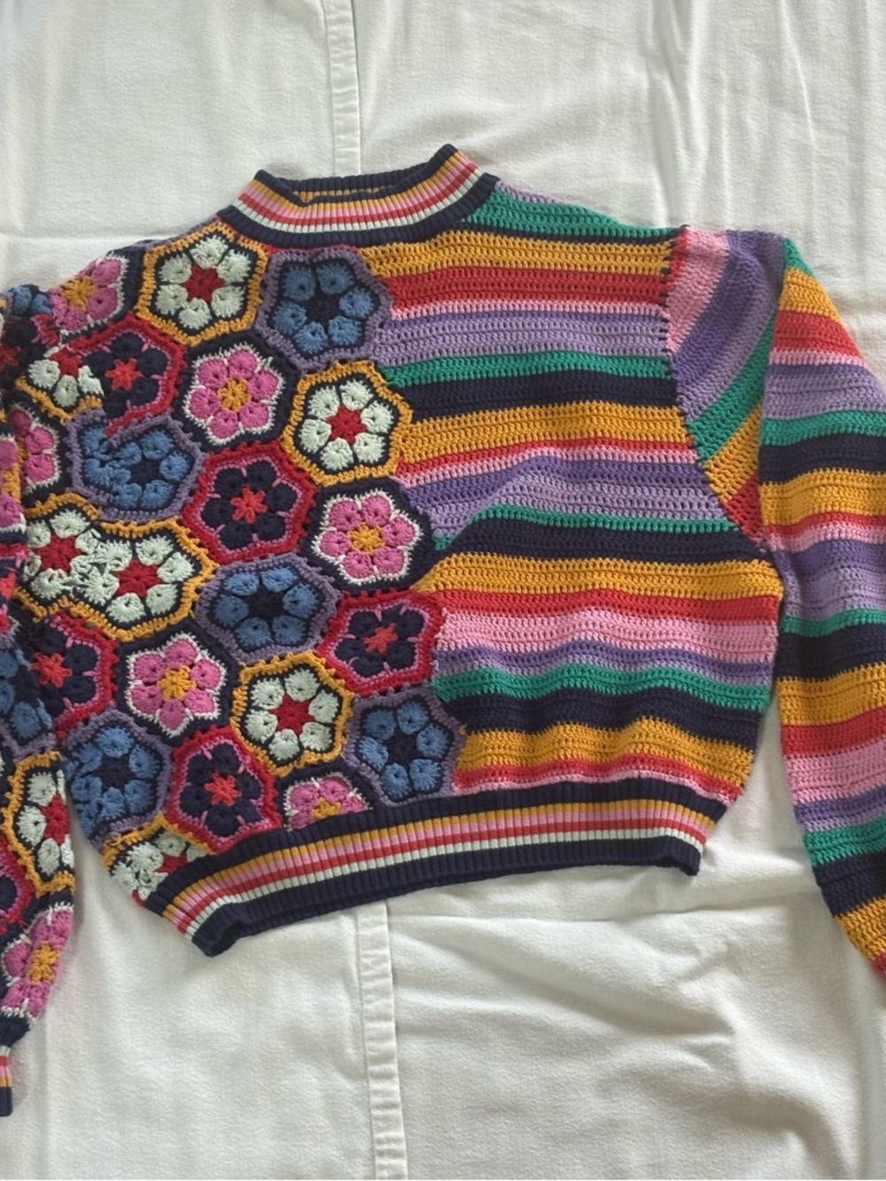 FARM Rio Multicolor Crochet Floral Stripe Sweater